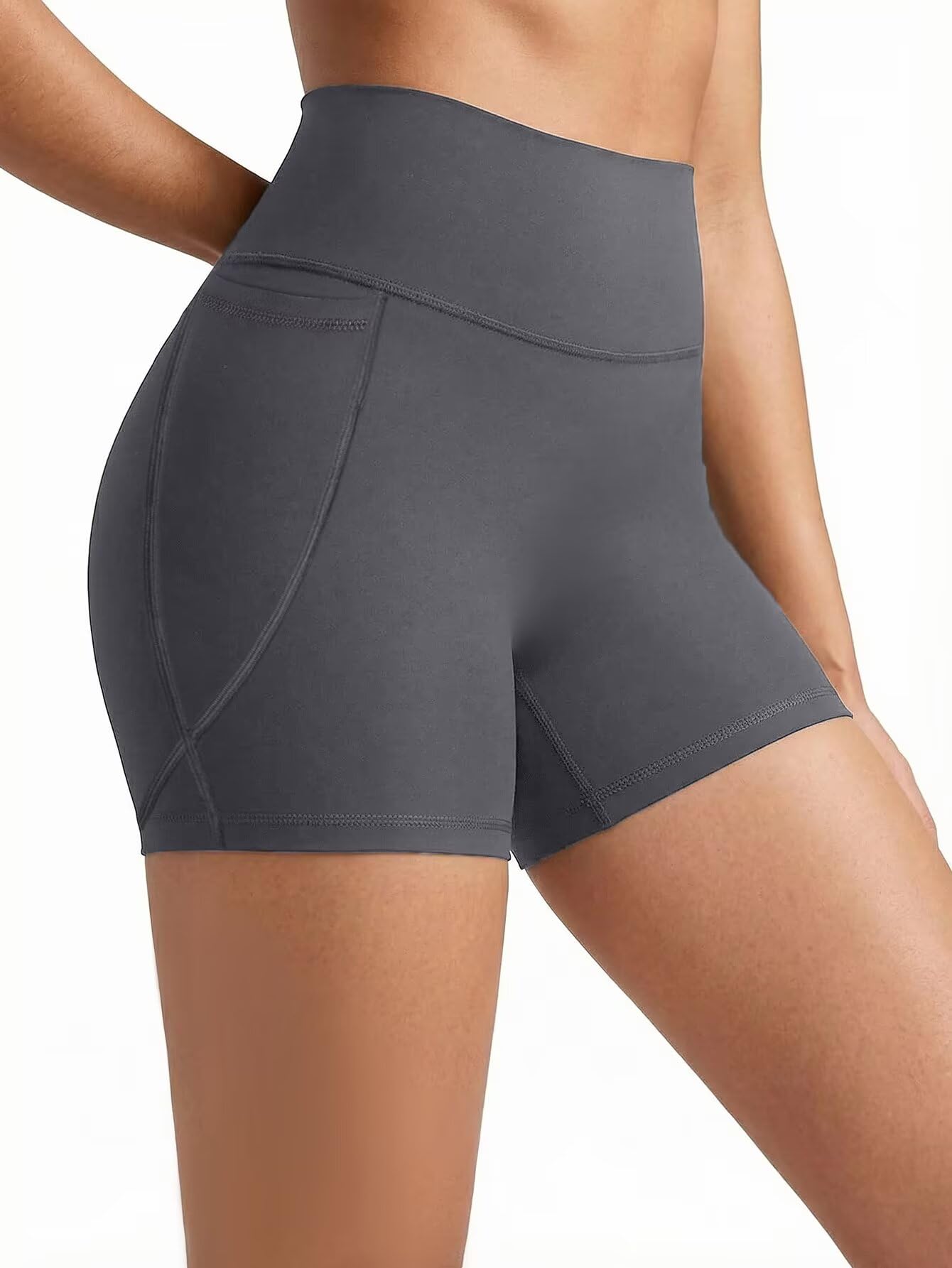 Flamingals Biker Shorts with Pockets for Women High Waisted Tummy Control Hidden Scrunch 4.5" Gym Workout Running Yoga Shorts