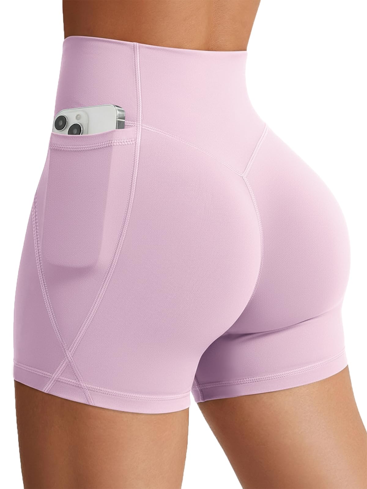 Flamingals Biker Shorts with Pockets for Women High Waisted Tummy Control Hidden Scrunch 4.5" Gym Workout Running Yoga Shorts