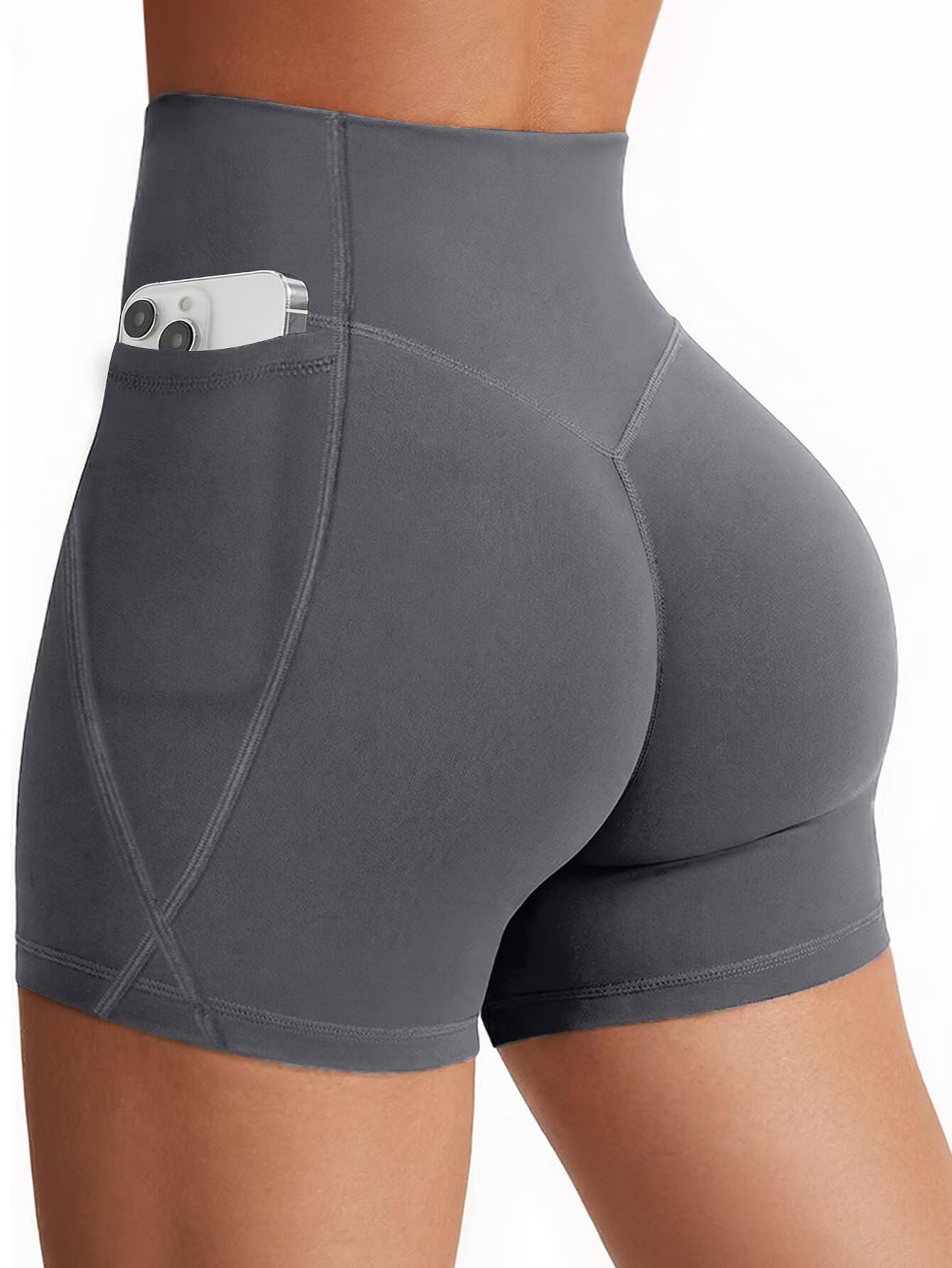 Flamingals Biker Shorts with Pockets for Women High Waisted Tummy Control Hidden Scrunch 4.5" Gym Workout Running Yoga Shorts