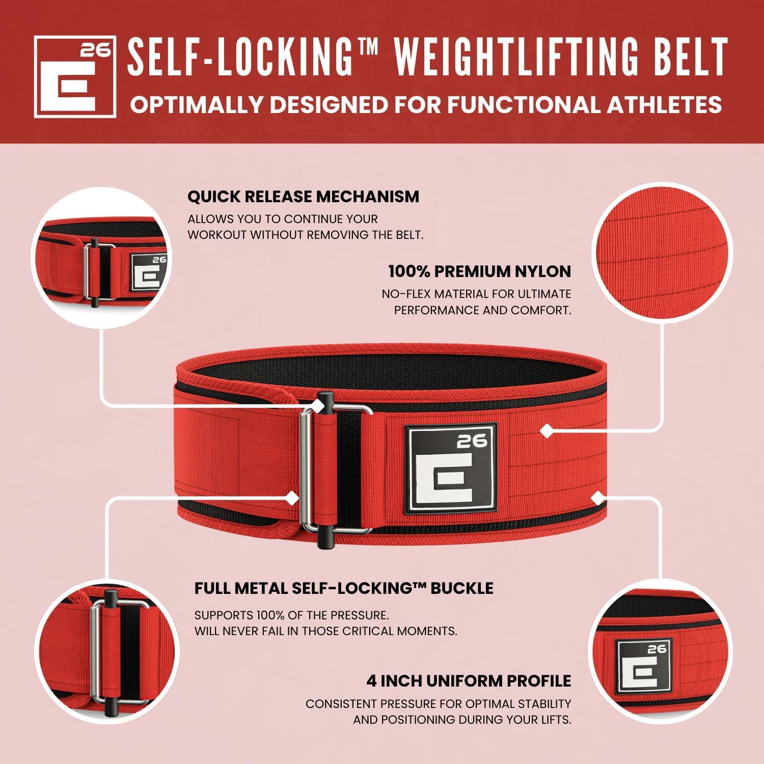Element 26 Self-Locking Weight Lifting Belt - 4-Inch Nylon Support for Men and Women - Squat and Deadlift - Gym Training
