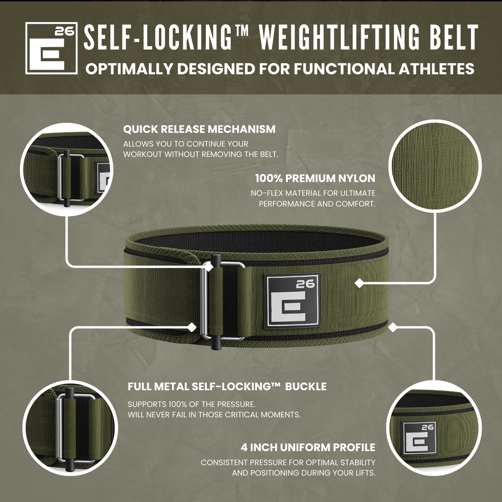 Element 26 Self-Locking Weight Lifting Belt - 4-Inch Nylon Support for Men and Women - Squat and Deadlift - Gym Training