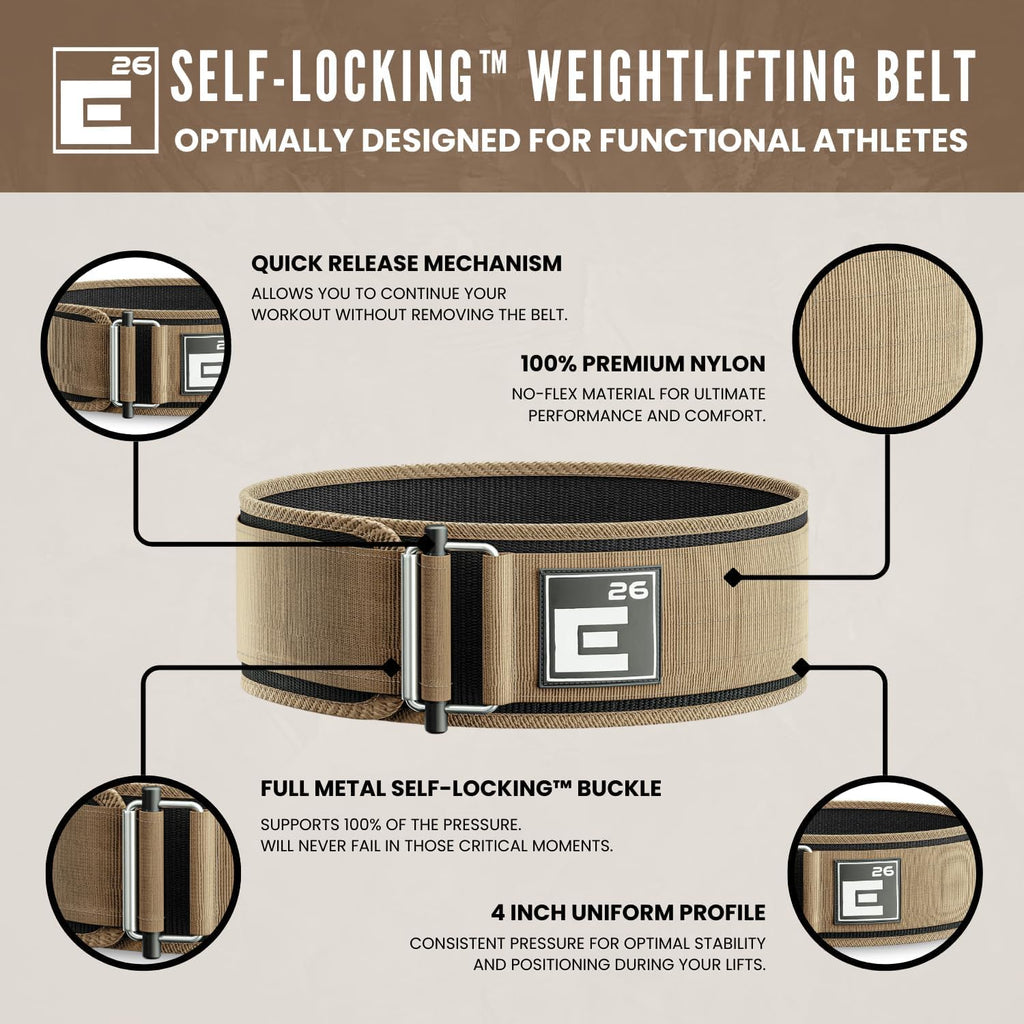 Element 26 Self-Locking Weight Lifting Belt - 4-Inch Nylon Support for Men and Women - Squat and Deadlift - Gym Training