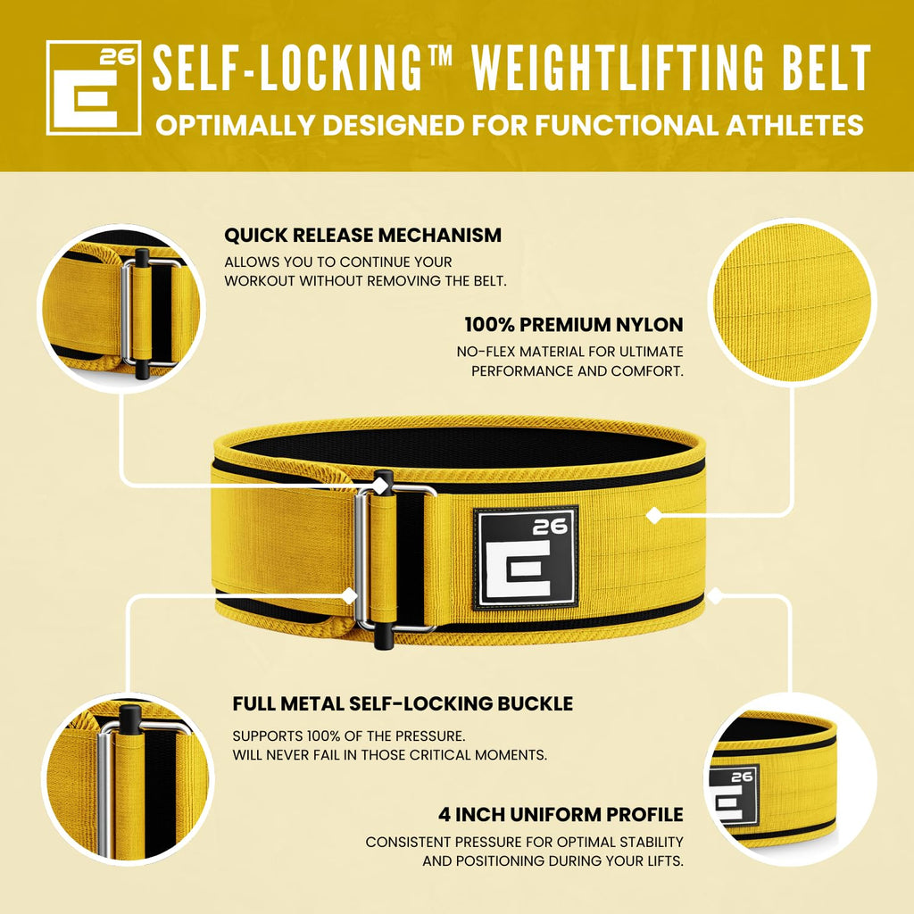 Element 26 Self-Locking Weight Lifting Belt - 4-Inch Nylon Support for Men and Women - Squat and Deadlift - Gym Training