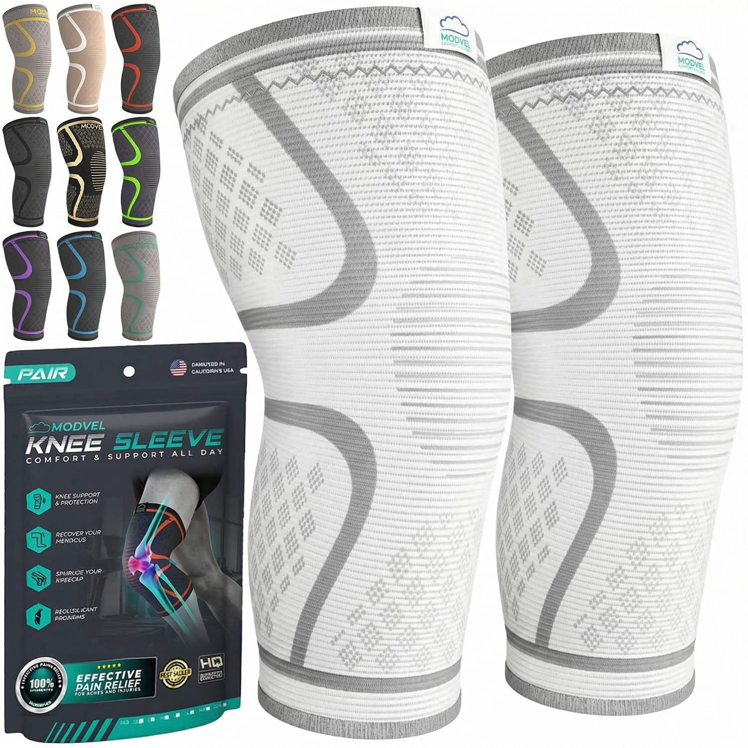 Modvel Compression Knee Brace for Women & Men, 2-Pack Knee Brace for Running Knee Pain, Knee Support Compression Sleeve, Workout Sports Knee Braces for Meniscus Tear, ACL & Arthritis Pain Relief