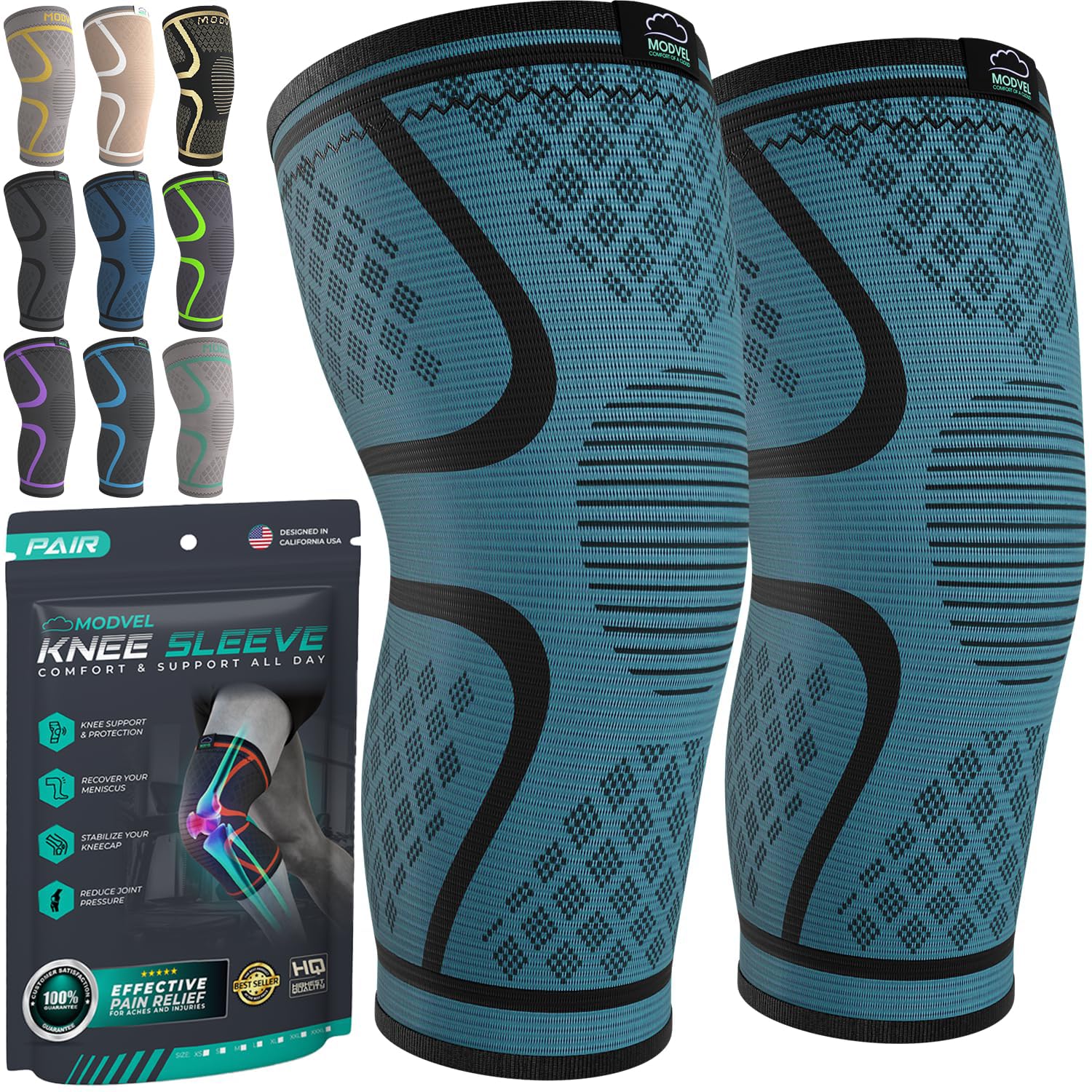 Modvel Compression Knee Brace for Women & Men, 2-Pack Knee Brace for Running Knee Pain, Knee Support Compression Sleeve, Workout Sports Knee Braces for Meniscus Tear, ACL & Arthritis Pain Relief