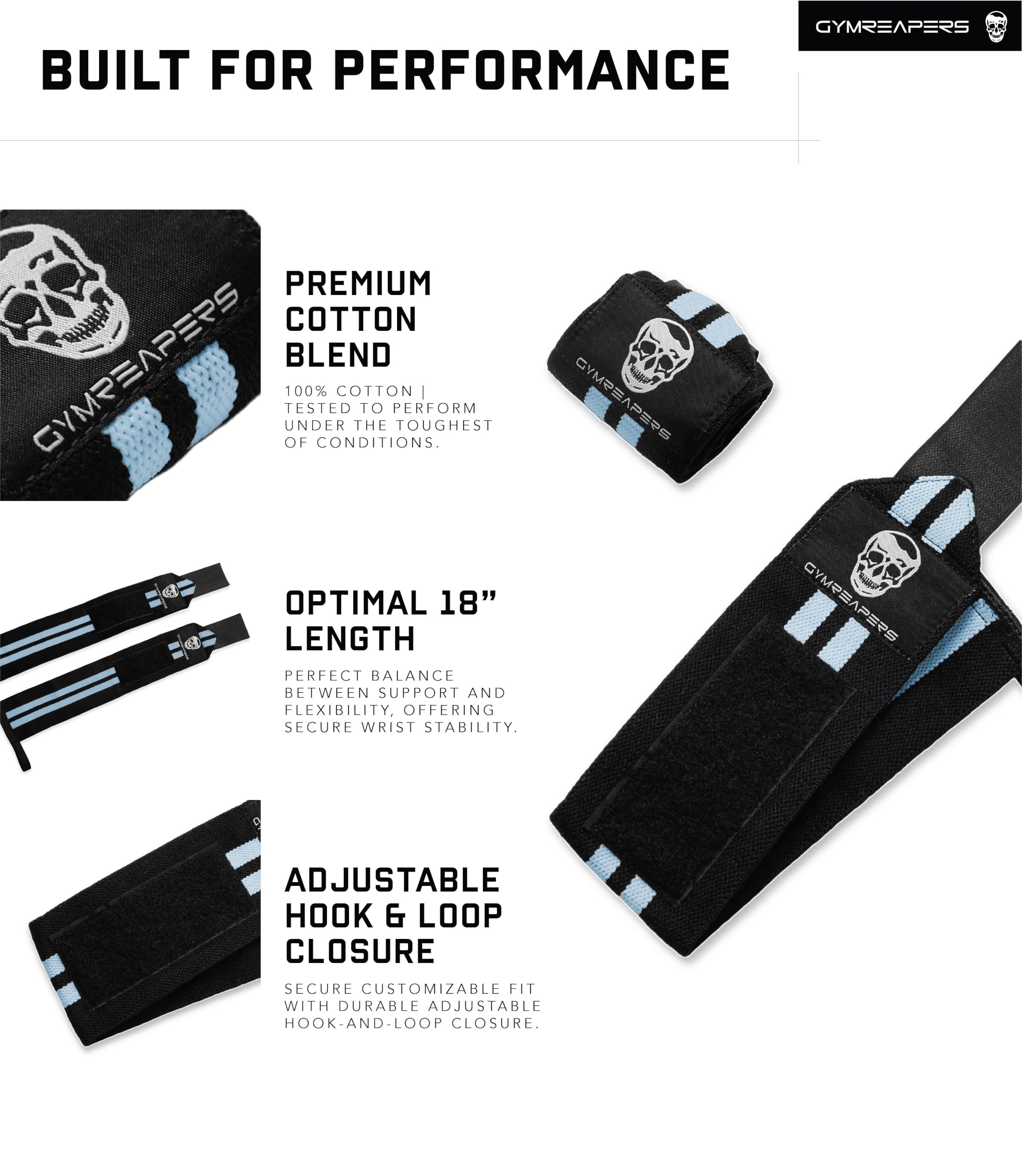 Gymreapers Weightlifting Wrist Wraps (IPF Approved) Professional Quality Wrist Support with Heavy Duty Thumb Loop - Best Wrap for Powerlifting Competition, Strength Training, Bodybuilding
