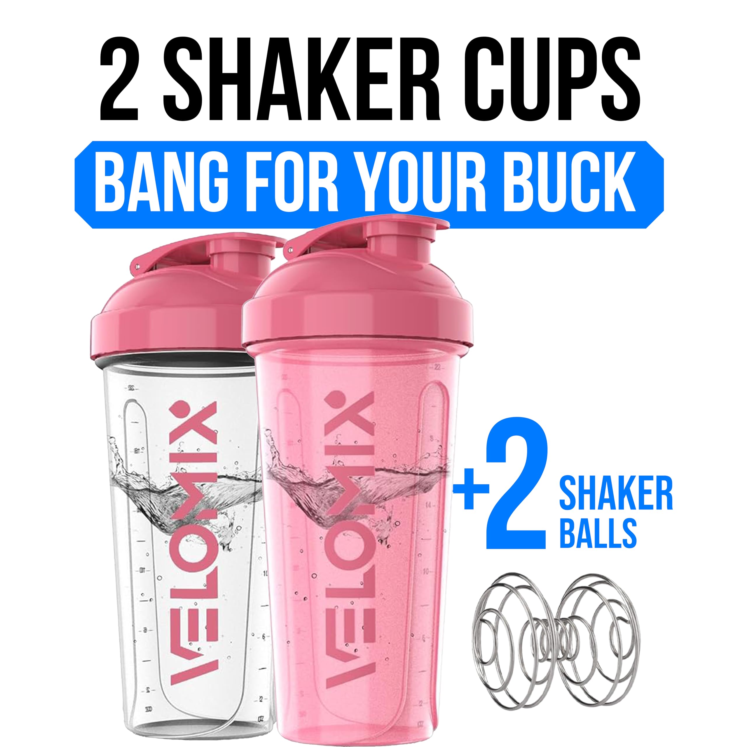 VELOMIX -2 Pack- 28 oz Protein Shaker Bottles for Protein Mixes - 2x Wire Whisk | Leak Proof Shaker Cups for Protein Shakes | Protein Shaker Bottle Pack (Black/Transparent)