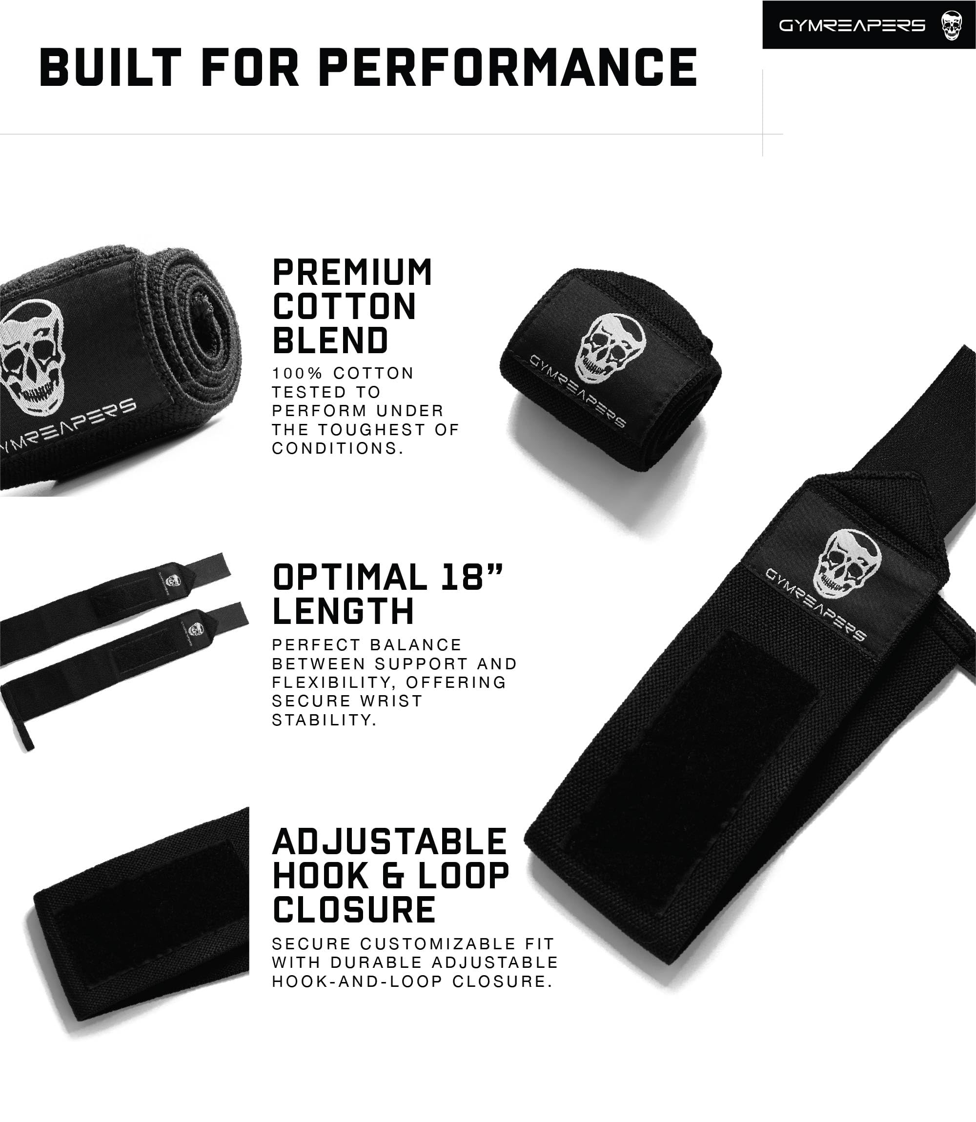 Gymreapers Weightlifting Wrist Wraps (IPF Approved) Professional Quality Wrist Support with Heavy Duty Thumb Loop - Best Wrap for Powerlifting Competition, Strength Training, Bodybuilding