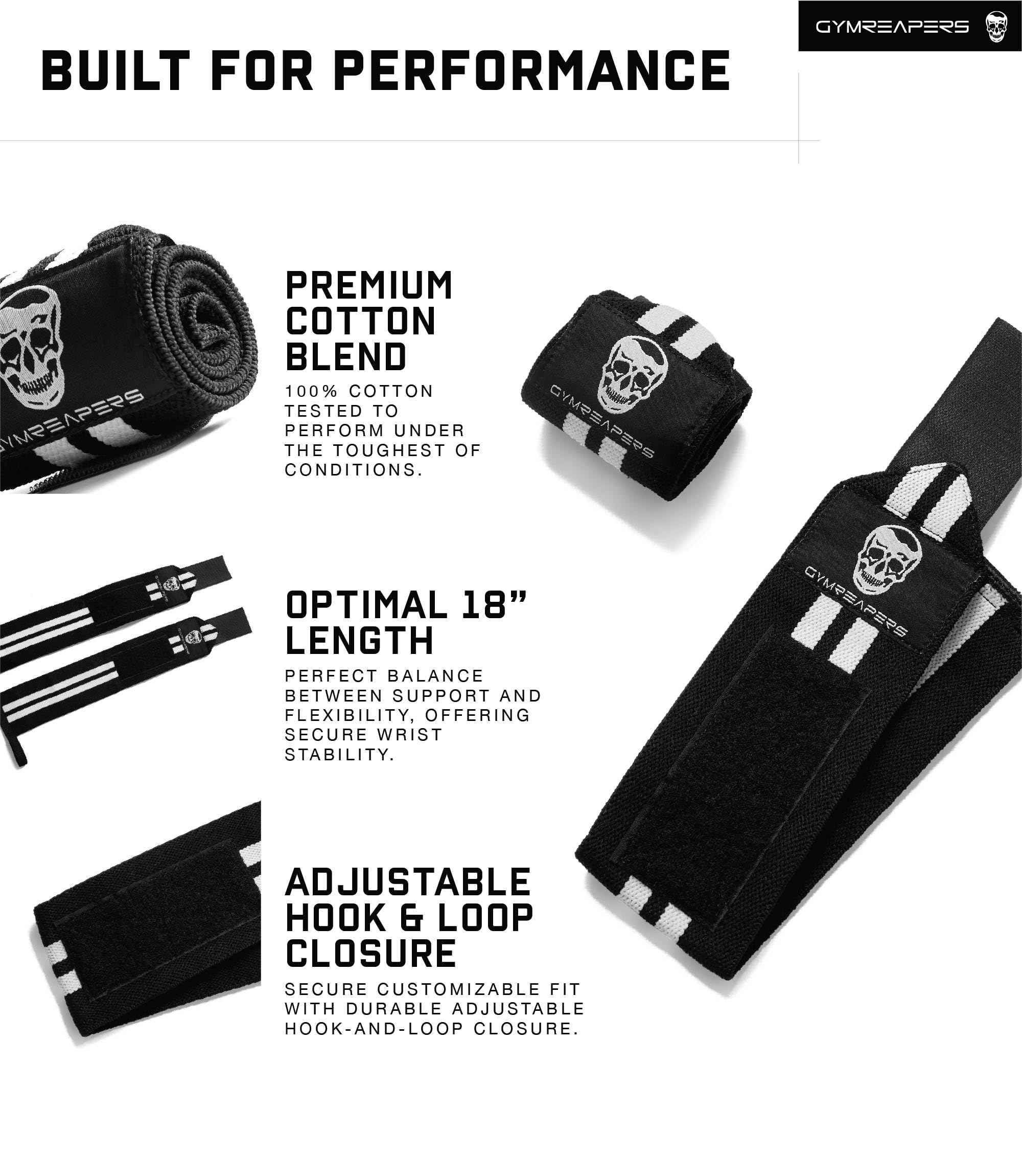 Gymreapers Weightlifting Wrist Wraps (IPF Approved) Professional Quality Wrist Support with Heavy Duty Thumb Loop - Best Wrap for Powerlifting Competition, Strength Training, Bodybuilding