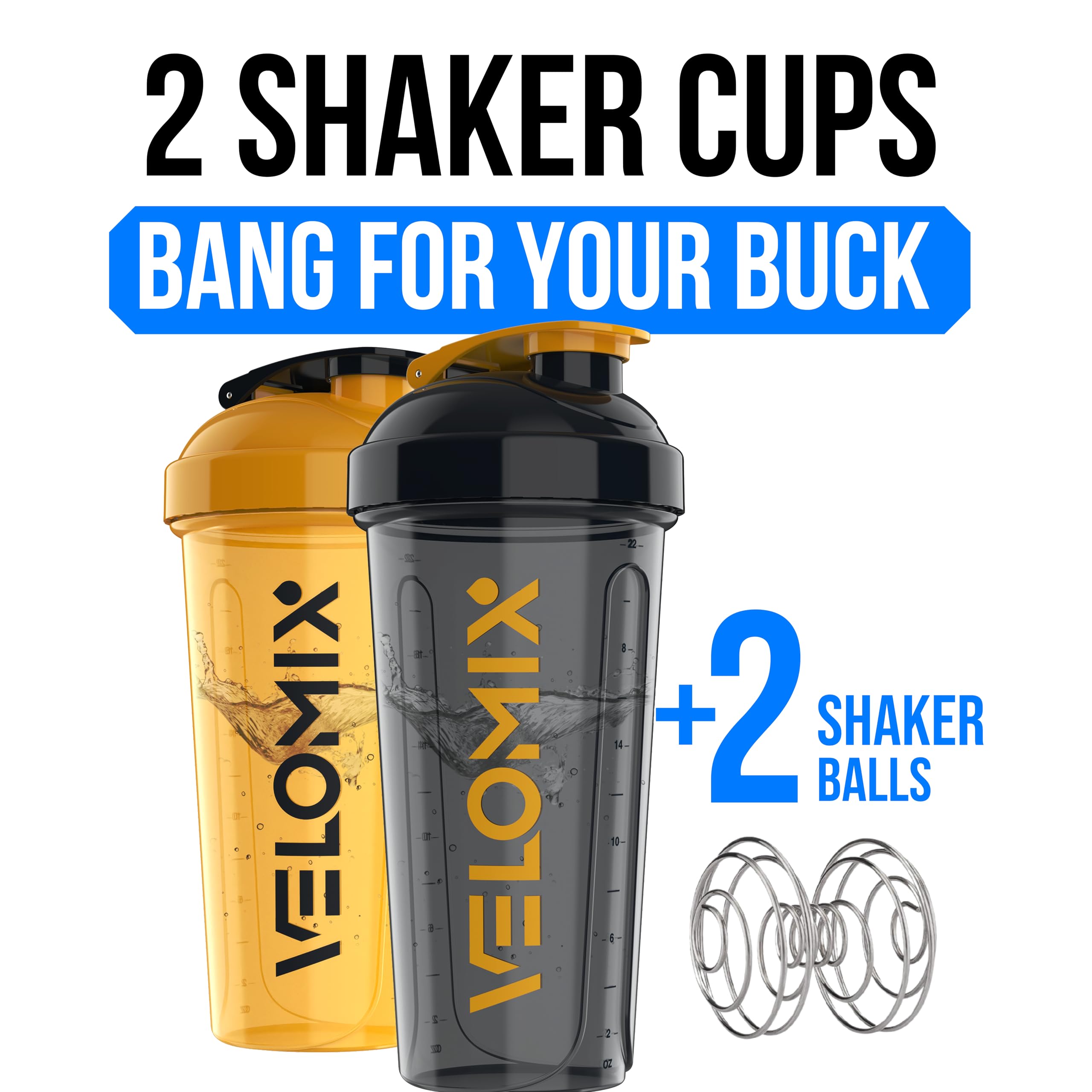 VELOMIX -2 Pack- 28 oz Protein Shaker Bottles for Protein Mixes - 2x Wire Whisk | Leak Proof Shaker Cups for Protein Shakes | Protein Shaker Bottle Pack (Black/Transparent)