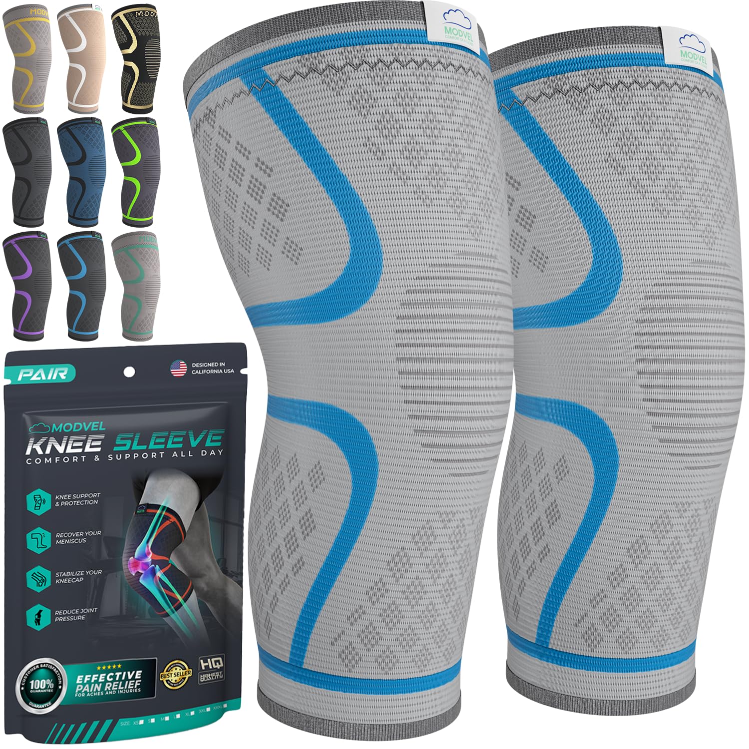 Modvel Compression Knee Brace for Women & Men, 2-Pack Knee Brace for Running Knee Pain, Knee Support Compression Sleeve, Workout Sports Knee Braces for Meniscus Tear, ACL & Arthritis Pain Relief