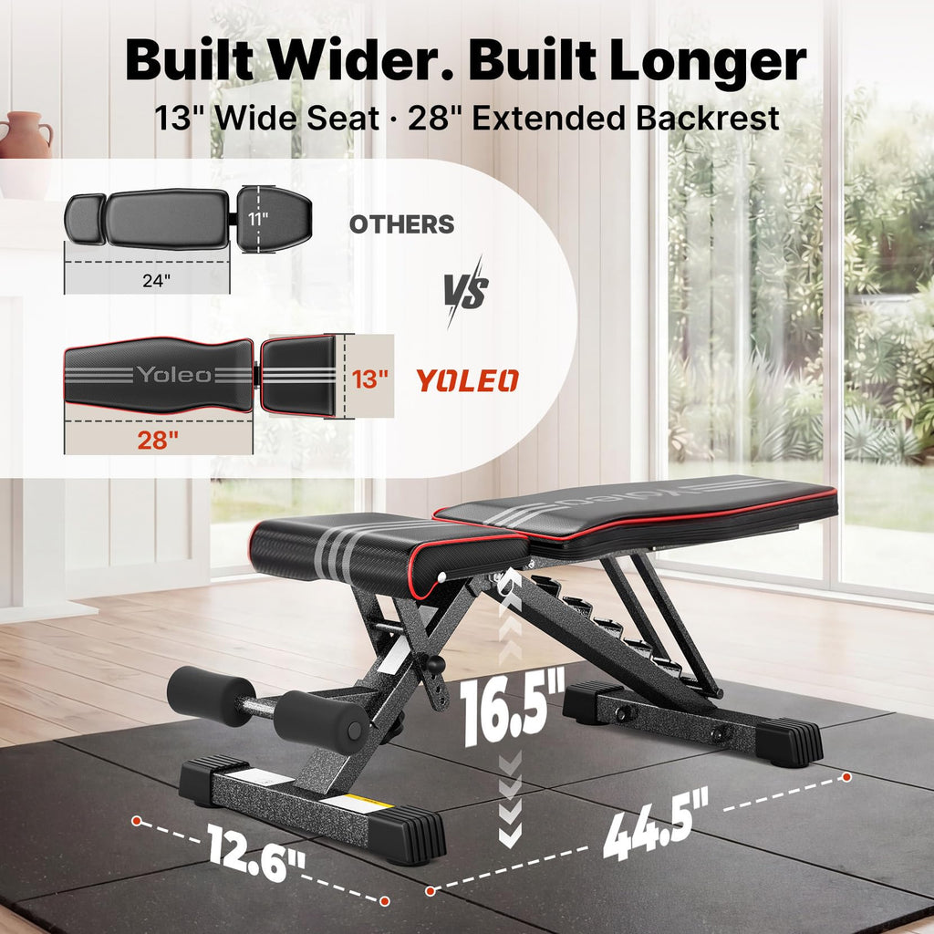 YOLEO Adjustable Weight Bench for Home Gym, ASTM-Certified 827LBS, 98% Pre-Assembled, Foldable Gym Bench with 84 Positions Incline Decline Flat, Wider Seat